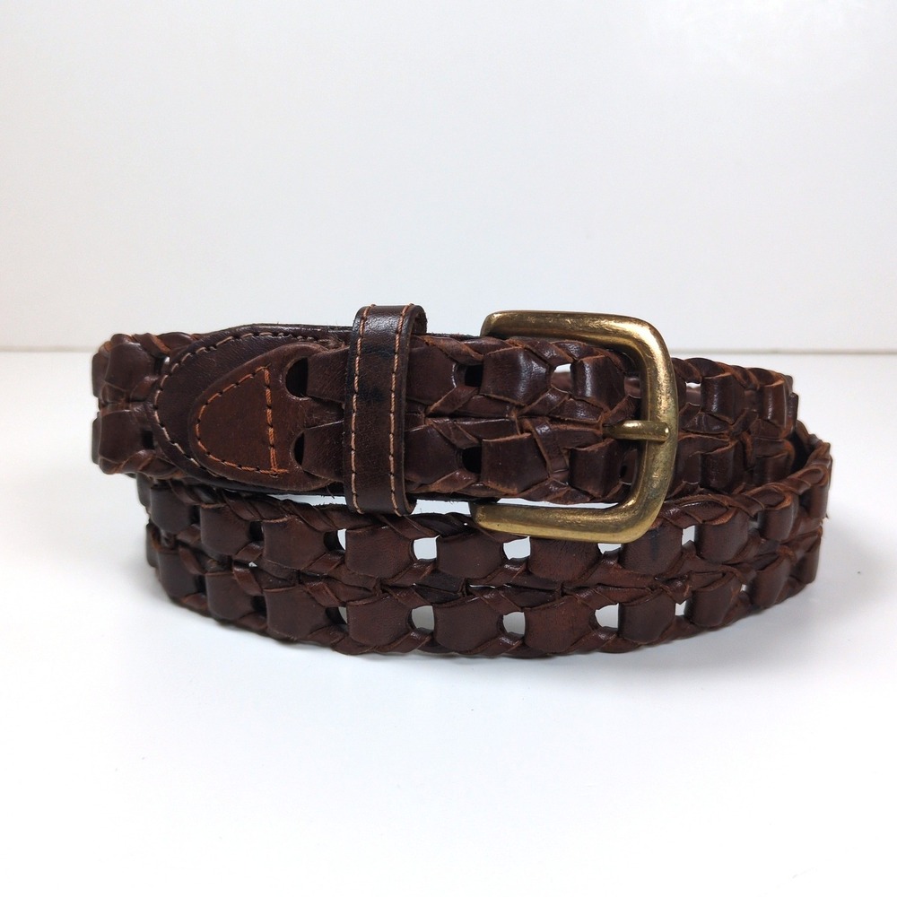 Woven Leather Braided Belt Dark Brown Brass Buckle South Western Concert Medium